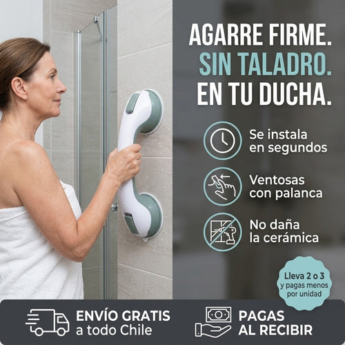 Agarradera de ducha sin taladro con persona usándola
