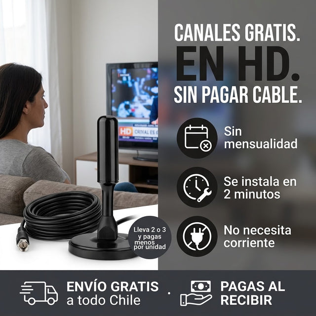 Canales abiertos gratis en HD, sin cable · TeleGo, antena TV digital con base imantada