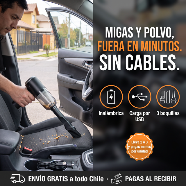Auto y sillón sin migas en minutos · AspiraGo, aspiradora de mano inalámbrica 3 en 1