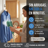 Ropa sin arrugas en minutos, sin tabla · VaporGo, mini plancha a vapor de mano con persona usándolo