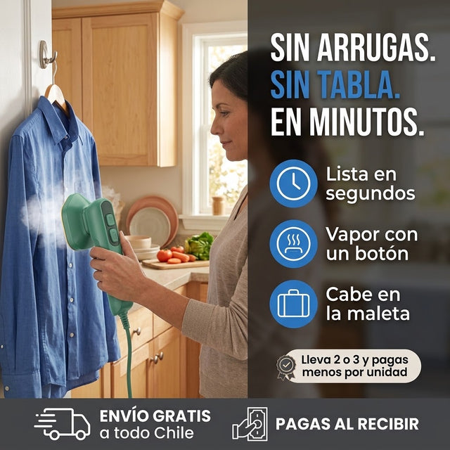 Ropa sin arrugas en minutos, sin tabla · VaporGo, mini plancha a vapor de mano