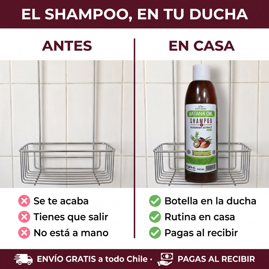 Antes: el envase de shampoo no está en la ducha