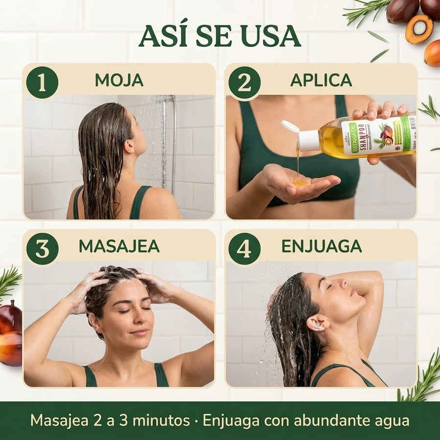 Cómo se usa el shampoo: moja, aplica, masajea 2-3 minutos y enjuaga