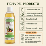 Ficha del shampoo Copacabana: 500 ml, batana, romero, vitamina E, sin sal